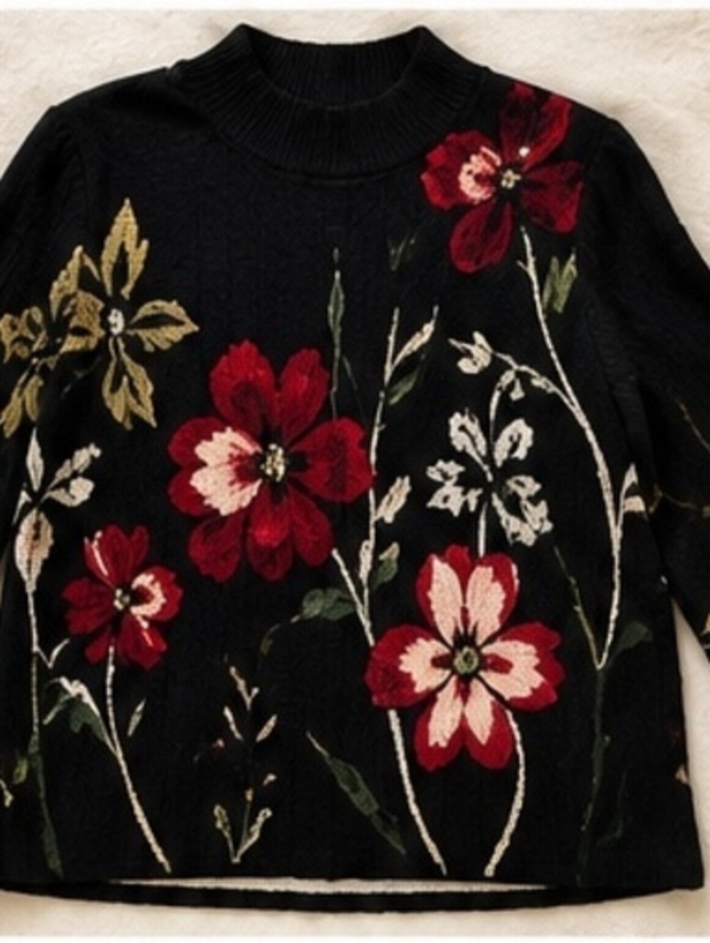 Chico's Floral Knit Sweater Black Red Size 0 Small Floral